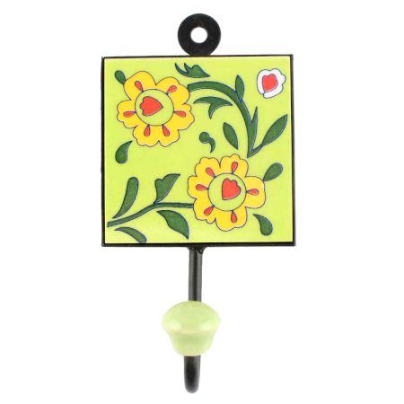 Pea Green Floral Ceramic Tile Hook